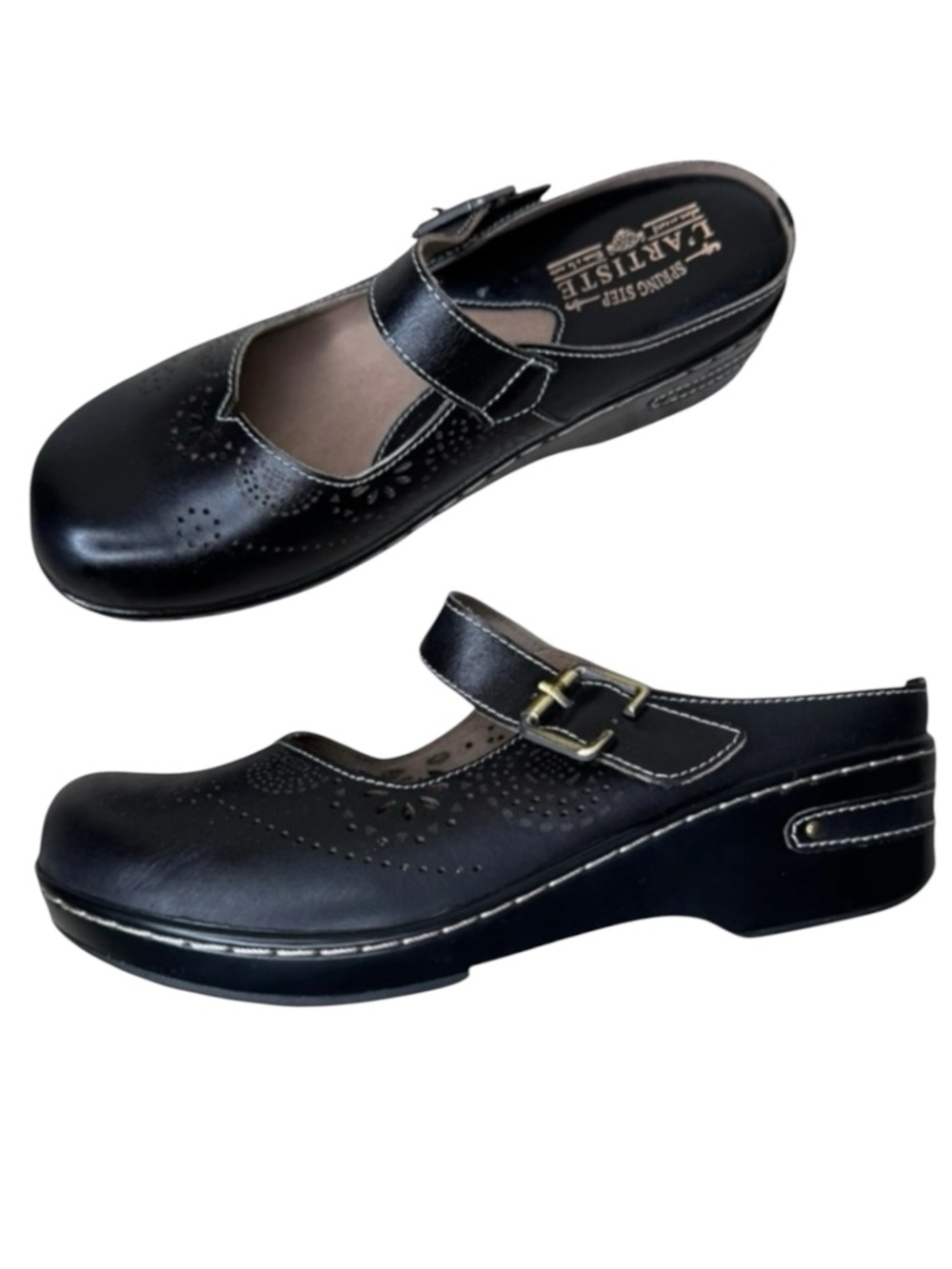 L’Artiste Aneria Leather Clogs Mule Mary Jane 41 9.5-10 US Black Walking Shoes